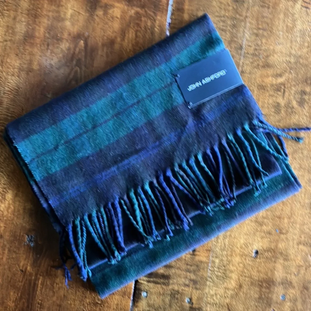 John Ashford Plaid Green Blue Black Fringe Mens Scarf NWT